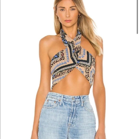 NWT Superdown Alondra Halter wrap crop top in tan blue leopard multicolor SP - Picture 1 of 15
